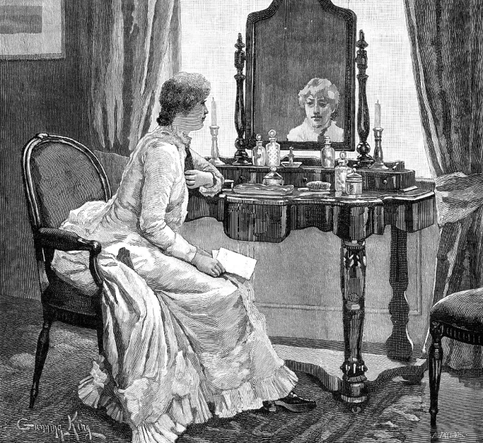 Framed Print : Then, looking up in her trouble and perplexity, she caught sight of her own face in the glass, 1883. Creator: R. Taylor