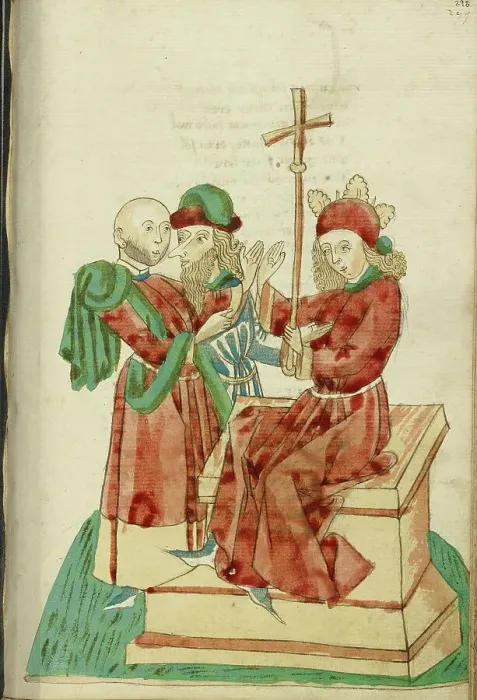 Framed Print : Theodas and Another Man Before the Enthroned Josaphat; Barlaam und Josaphat, 1469. Creators: Hans Schilling, Diebolt Lauber Framed Print : Theodas and Another Man Before the Enthroned Josaphat; Barlaam und Josaphat, 1469. Creators: Hans Schilling, Diebolt Lauber