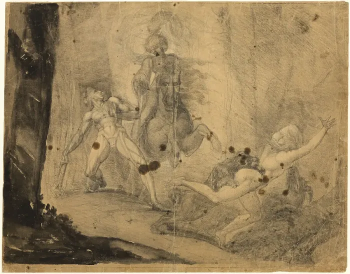 Framed Print : Theodore Meets in the Wood the Specter of His Ancestor Guido Cavalcanti, Chasing... 1783. Creator: Henry Fuseli Framed Print : Theodore Meets in the Wood the Specter of His Ancestor Guido Cavalcanti, Chasing... 1783. Creator: Henry Fuseli