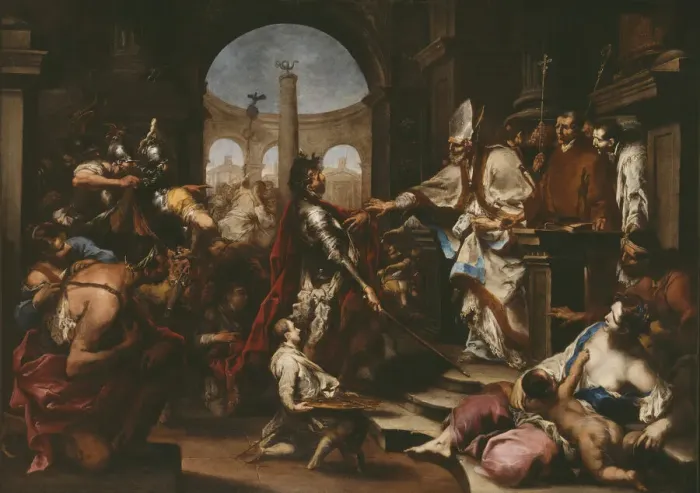 Framed Print : Theodosius Repulsed from the Church by Saint Ambrose, 1700 / 10 Framed Print : Theodosius Repulsed from the Church by Saint Ambrose, 1700 / 10