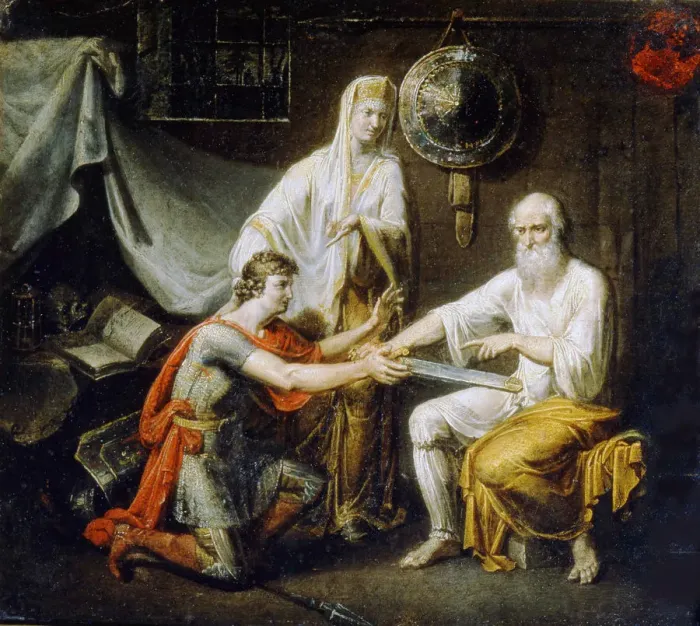Framed Print : Theodosy Boretsky gives Ratmirs sword to Miroslav, c1808 Framed Print : Theodosy Boretsky gives Ratmirs sword to Miroslav, c1808