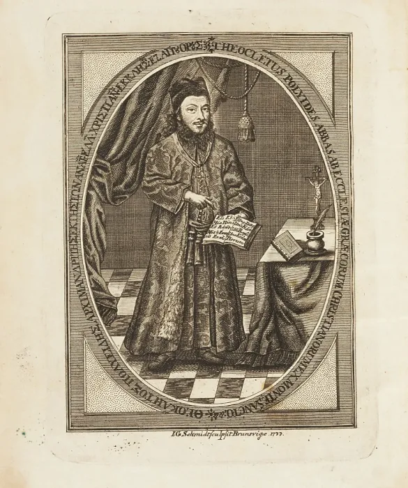 Framed Print : Theoklitos Polyeidis (1698-1759). Frontispiece from: Sacra tuba fidei, 1736. Creator: Schmidt, Johann Georg (1694-1767) Framed Print : Theoklitos Polyeidis (1698-1759). Frontispiece from: Sacra tuba fidei, 1736. Creator: Schmidt, Johann Georg (1694-1767)