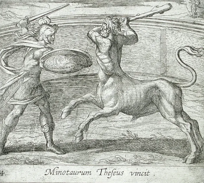 Framed Print : Theseus and the Minotaur, published 1606. Creators: Antonio Tempesta, Wilhelm Janson Framed Print : Theseus and the Minotaur, published 1606. Creators: Antonio Tempesta, Wilhelm Janson