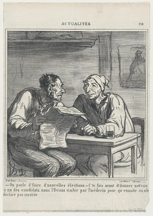 Framed Print : They're talking about new elections. -Before I vote for a candidate, I want... September 27, 1869. Creator: Honore Daumier. -They're talking about new elections Framed Print : They're talking about new elections. -Before I vote for a candidate, I want... September 27, 1869. Creator: Honore Daumier. -They're talking about new elections