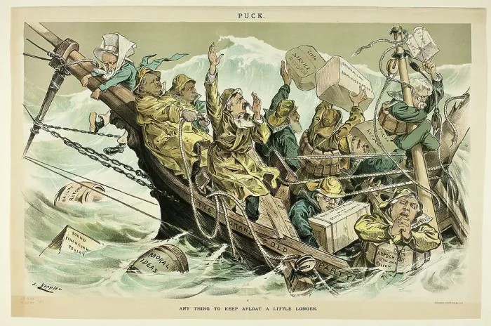 Framed Print : Any Thing to Keep Afloat a Little Longer, from Puck, n.d. Creator: Joseph Keppler Framed Print : Any Thing to Keep Afloat a Little Longer, from Puck, n.d. Creator: Joseph Keppler