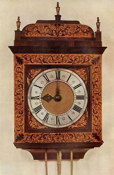 Thirty-Hour Striking Hanging Clock in Inlaid Marqueterie Case, 1947. Creator: Unknown
