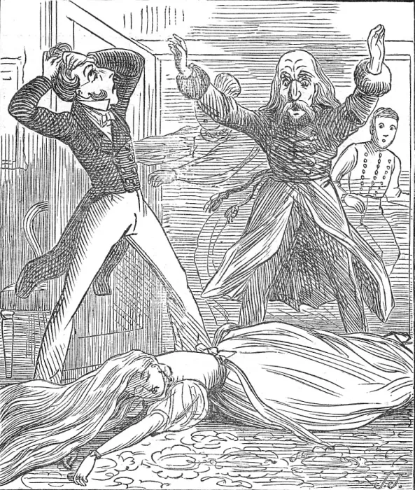 Framed Print : What is this? he exclaimed, horrorstruck. Mademoiselle has fainted, I gasped out, 1872. Creator: J. J Framed Print : What is this? he exclaimed, horrorstruck. Mademoiselle has fainted, I gasped out, 1872. Creator: J. J