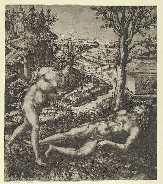 Thisbe finding Pyramus laying on the ground with a knife in his chest, 1505 Creator: Marcantonio Raimondi