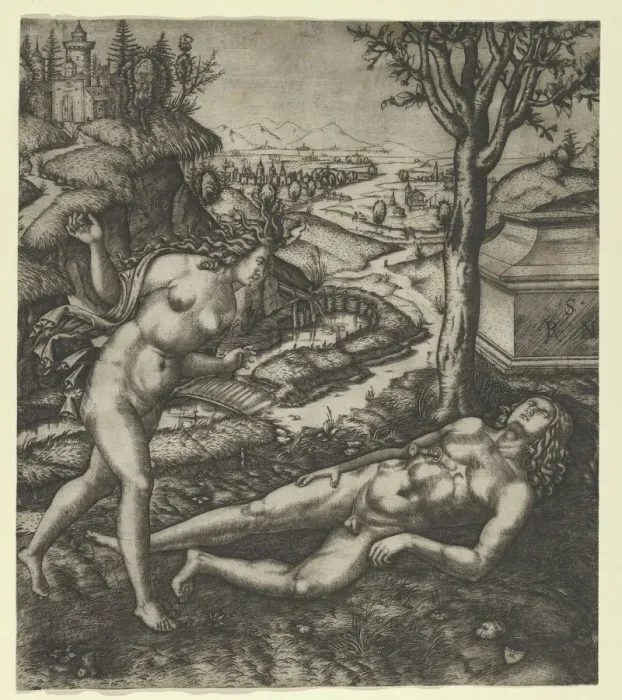 Framed Print : Thisbe finding Pyramus laying on the ground with a knife in his chest, 1505 Creator: Marcantonio Raimondi Framed Print : Thisbe finding Pyramus laying on the ground with a knife in his chest, 1505 Creator: Marcantonio Raimondi