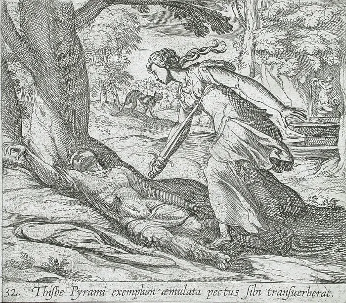 Framed Print : Thisbe Killing Herself, published 1606. Creators: Antonio Tempesta, Wilhelm Janson Framed Print : Thisbe Killing Herself, published 1606. Creators: Antonio Tempesta, Wilhelm Janson