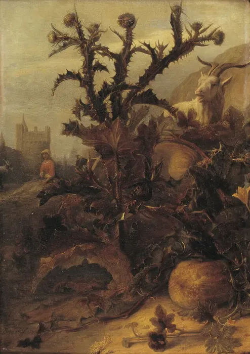 Framed Print : Thistle, Pumpkin and a Goat, 1675. Creator: Lambert Doomer Framed Print : Thistle, Pumpkin and a Goat, 1675. Creator: Lambert Doomer