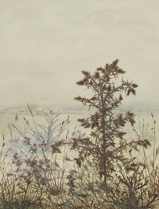 Framed Print : Thistle in front of a Winter Landscape, 1864. Creator: Leon Bonvin Framed Print : Thistle in front of a Winter Landscape, 1864. Creator: Leon Bonvin