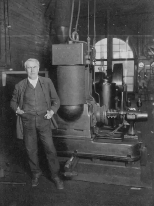 Framed Print : Thomas Alva Edison, American inventor, with his first dynamo for producing electric light, 1880s Framed Print : Thomas Alva Edison, American inventor, with his first dynamo for producing electric light, 1880s