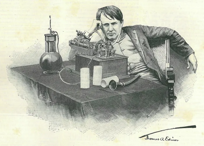 Framed Print : Thomas Alva Edison and his phonograph, 1905. Creator: Dochy, Henri (1851-1915) Framed Print : Thomas Alva Edison and his phonograph, 1905. Creator: Dochy, Henri (1851-1915)
