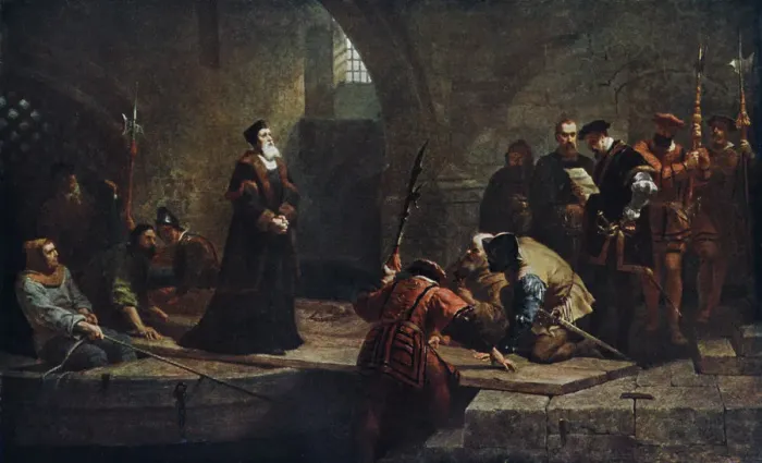 Framed Print : Thomas Cranmer at the Traitors Gate, 1553 (1926). Artist: Frederick Goodall Framed Print : Thomas Cranmer at the Traitors Gate, 1553 (1926). Artist: Frederick Goodall