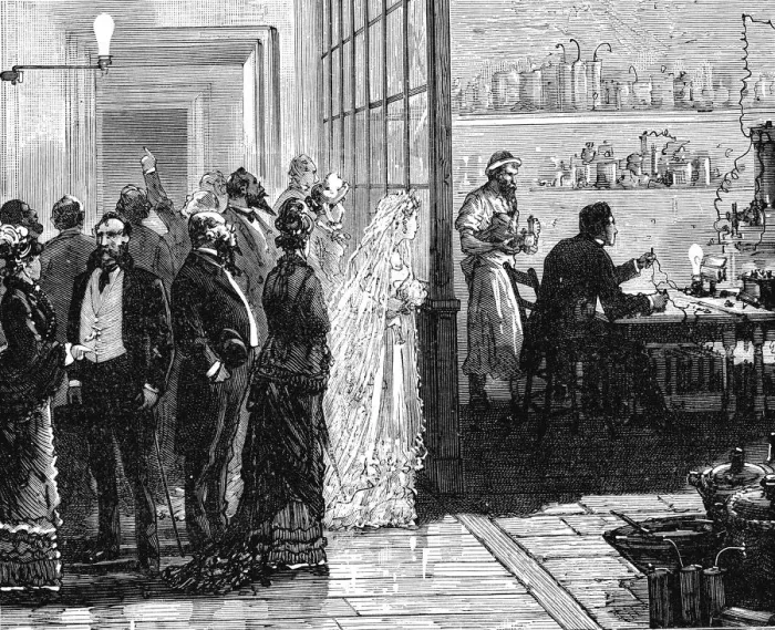 Framed Print : Thomas Edison experimenting with electric lamps on his wedding day, 1871 (1883) Framed Print : Thomas Edison experimenting with electric lamps on his wedding day, 1871 (1883)