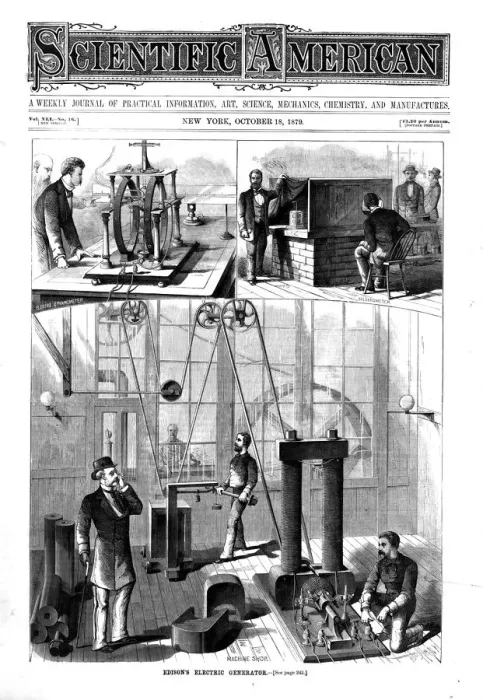 Framed Print : Thomas Edisons generator for electric light at his home at Menlo Park, New Jersey, USA, 1879 Framed Print : Thomas Edisons generator for electric light at his home at Menlo Park, New Jersey, USA, 1879