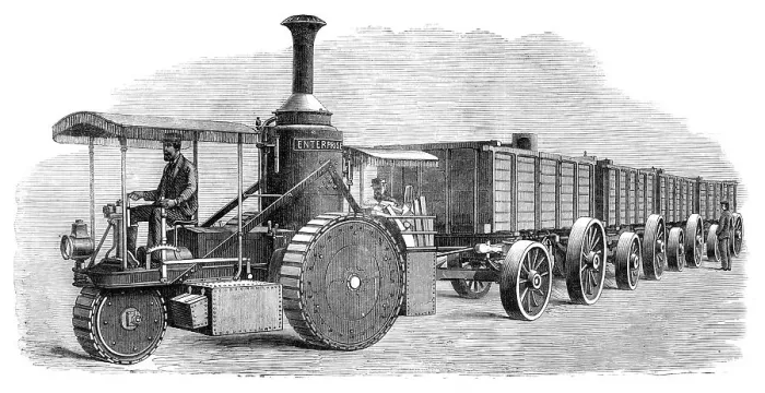 Framed Print : Thomson's road-steamer and coal-waggons, 1870. Creator: Unknown Framed Print : Thomson's road-steamer and coal-waggons, 1870. Creator: Unknown