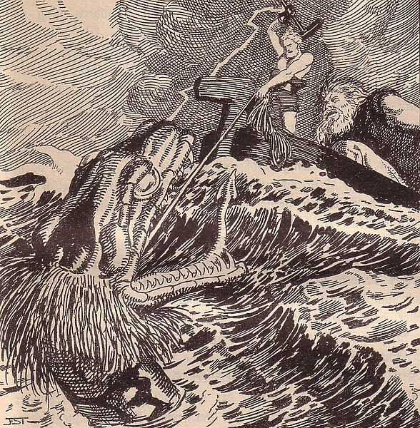 Thor and Hymir Fishing. Illustration for The Edda: Germanic Gods and Heroes by Hans von Wolzogen