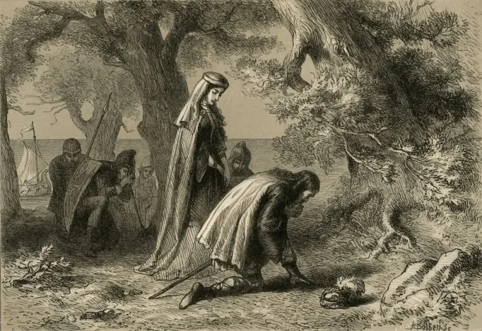 Framed Print : Thorfin and Gudrida on the Shore of Vineland, (1877). Creator: Albert Bobbett Framed Print : Thorfin and Gudrida on the Shore of Vineland, (1877). Creator: Albert Bobbett