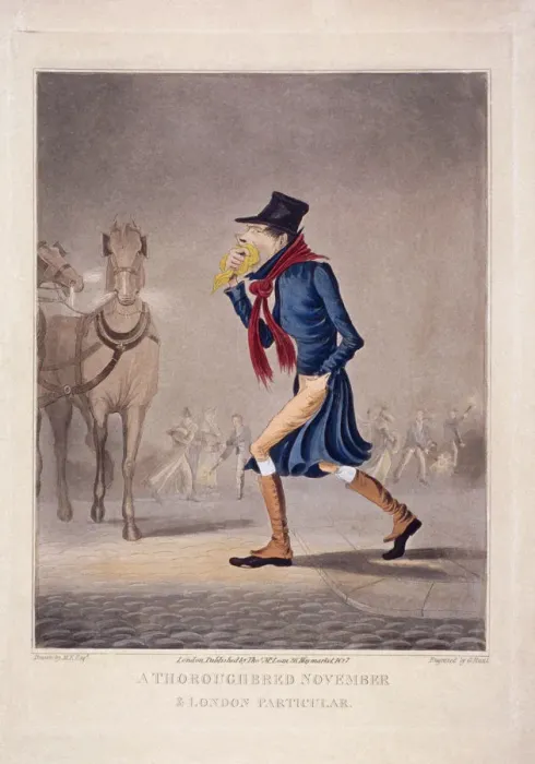 Framed Print : A thoroughbred November and London particular, 1827. Artist: George Hunt Framed Print : A thoroughbred November and London particular, 1827. Artist: George Hunt
