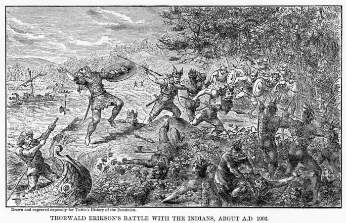 Framed Print : Thorwald Eriksons Battle with the Indians, about AD 1003, (1877) Framed Print : Thorwald Eriksons Battle with the Indians, about AD 1003, (1877)