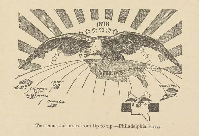 Framed Print : Ten thousand miles from tip to tip, the American Eagle spreads his wings from the... 1898. Creator: Anonymous Framed Print : Ten thousand miles from tip to tip, the American Eagle spreads his wings from the... 1898. Creator: Anonymous