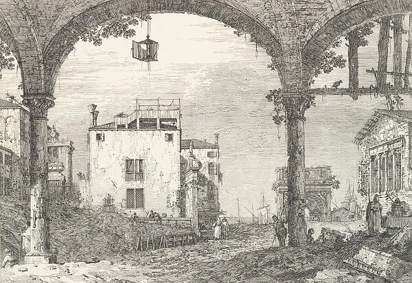 A three-arched portico with an open lantern hanging at center, a triumphal arch and rui