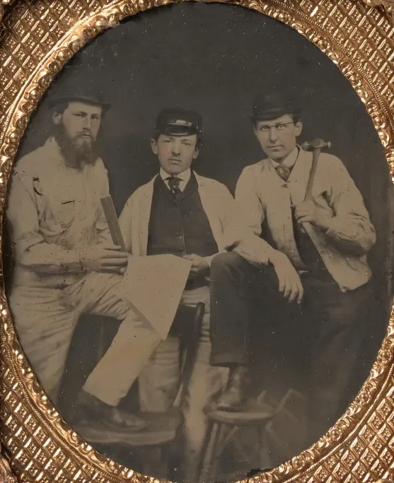 Framed Print : [Three Carpenters, Standing, Holding a Ruler, Hammer, and Sheet of Paper], 1850s-60s