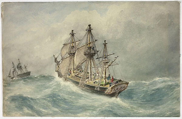 Two Three-Mast Ships on Stormy Sea, 1800-1899. Creator: Unknown