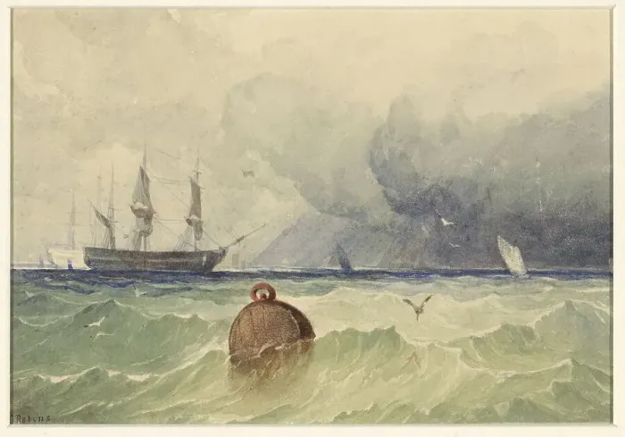 Framed Print : Three-masters at anchor with rough weather coming in, 1830-1880. Creator: Thomas Sewell Robins Framed Print : Three-masters at anchor with rough weather coming in, 1830-1880. Creator: Thomas Sewell Robins