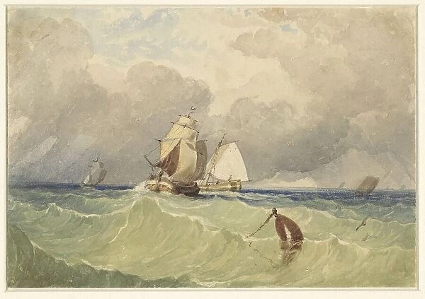 Three-masters and Dutch sailing barge in the open sea, 1830-1880. Creator: Thomas Sewell Robins