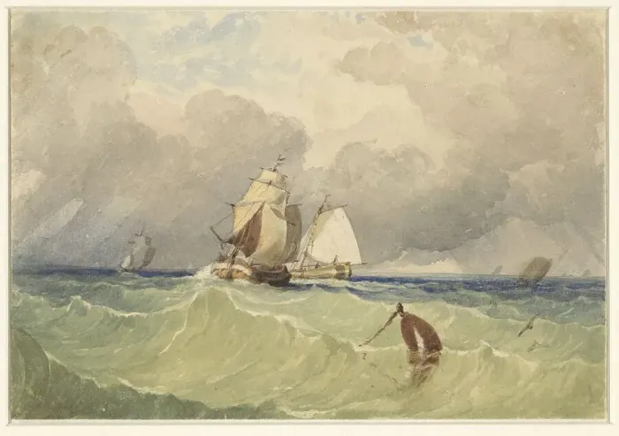 Framed Print : Three-masters and Dutch sailing barge in the open sea, 1830-1880. Creator: Thomas Sewell Robins Framed Print : Three-masters and Dutch sailing barge in the open sea, 1830-1880. Creator: Thomas Sewell Robins
