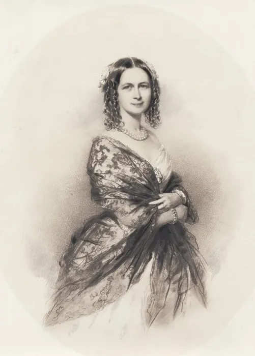 Framed Print : Three-quarter profile portrait of woman in dress with thin patterned shawl, probably 1840s. Creator: Unknown