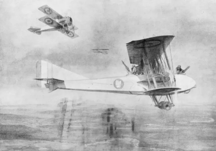Framed Print : Three-seated aeroplane on a photographic mission, protected by a Spad fighter aircraft, 1918 (1926). Artist: Etienne Cournault Framed Print : Three-seated aeroplane on a photographic mission, protected by a Spad fighter aircraft, 1918 (1926). Artist: Etienne Cournault