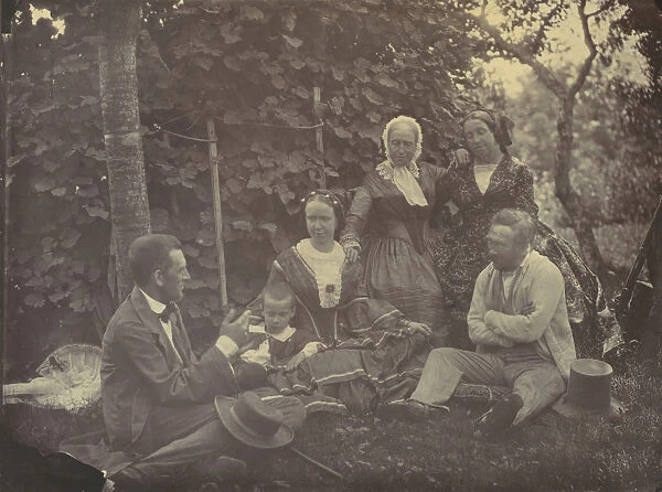 [Three Women, Two Men, and a Child on a Picnic], 1850s-60s. Creator: Franz Antoine