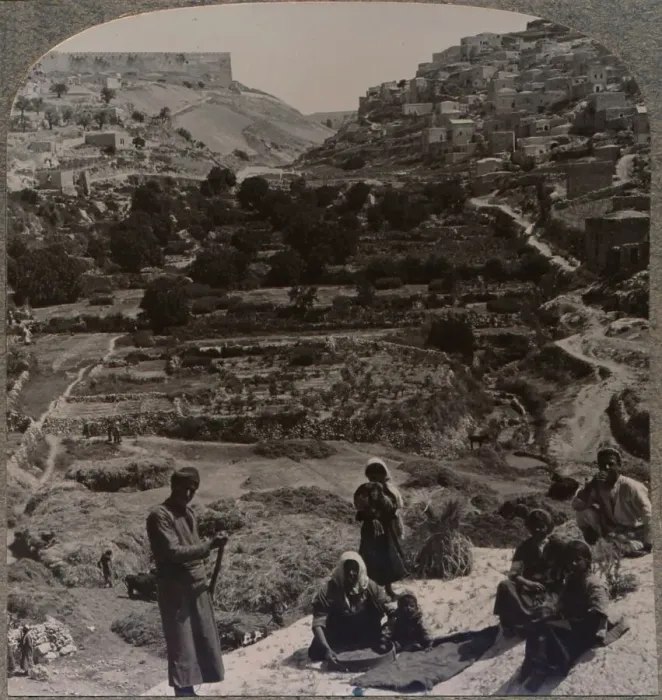 Framed Print : Threshing on roof; overlooking the valley of Kedron, c1900 Framed Print : Threshing on roof; overlooking the valley of Kedron, c1900