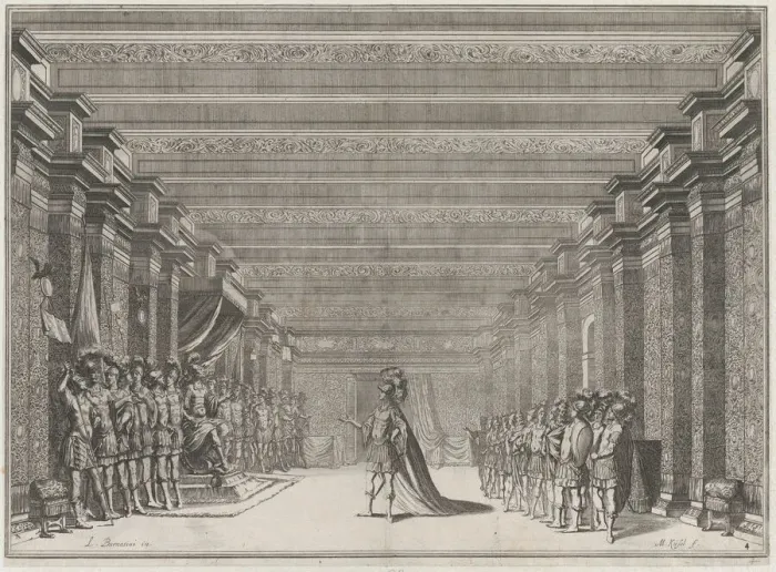Framed Print : Throne room with a man in classical armor standing at center addressing a man seated on a... 1674. Creator: Mathaus Küsel Framed Print : Throne room with a man in classical armor standing at center addressing a man seated on a... 1674. Creator: Mathaus Küsel