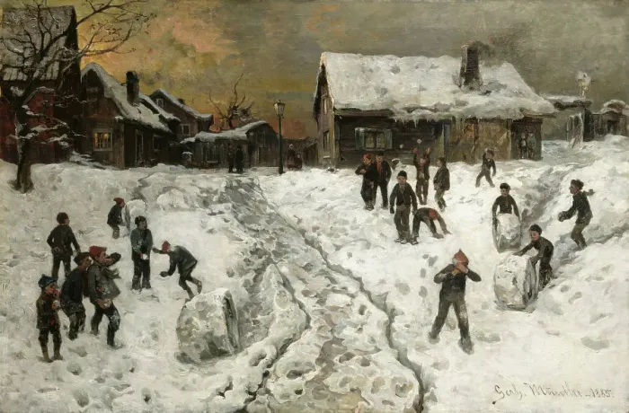 Framed Print : Throwing Snowballs, 1885. Creator: Gerhard Munthe Framed Print : Throwing Snowballs, 1885. Creator: Gerhard Munthe