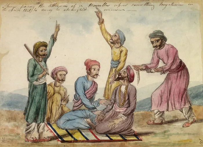 Framed Print : Thugs fixing the attention of a traveller... 1838. Creator: Frances Eden. Thugs fixing the attention of a traveller... 1838. Creator: Frances Eden Framed Print : Thugs fixing the attention of a traveller... 1838. Creator: Frances Eden. Thugs fixing the attention of a traveller... 1838. Creator: Frances Eden
