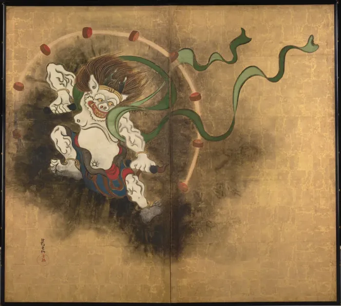 Framed Print : The Thunder God. Left part of two-fold screens Wind God and Thunder God, Early 18th cen Artist: Korin, Ogata (1658-1716) Framed Print : The Thunder God. Left part of two-fold screens Wind God and Thunder God, Early 18th cen Artist: Korin, Ogata (1658-1716)