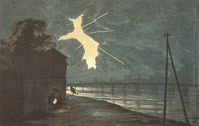 Framed Print : Thunder and Lightning at Umaya Bridge, c1879. Creator: Kobayashi Kiyochika Framed Print : Thunder and Lightning at Umaya Bridge, c1879. Creator: Kobayashi Kiyochika