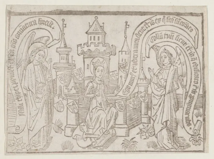 Framed Print : Thy Neck Is Like the Tower of David, illustration from a Canticum Canticorum bloc... ca. 1460 / 1465. Creator: Anon Framed Print : Thy Neck Is Like the Tower of David, illustration from a Canticum Canticorum bloc... ca. 1460 / 1465. Creator: Anon