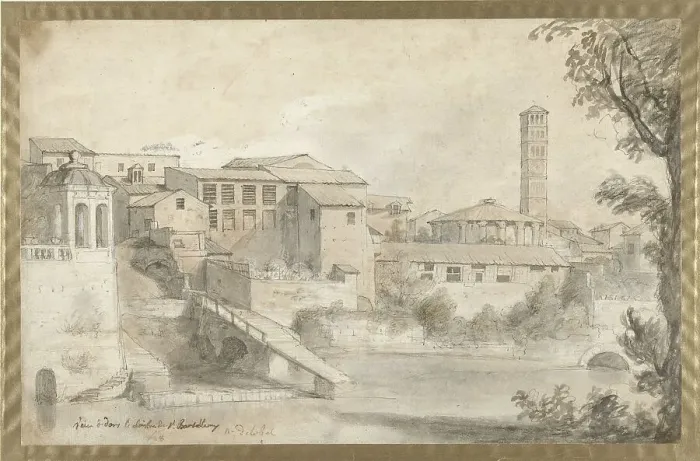 Framed Print : Tiber Island with the Monastery of San Bartolomeo, 1728. Creator: Nicolas Delobel Framed Print : Tiber Island with the Monastery of San Bartolomeo, 1728. Creator: Nicolas Delobel