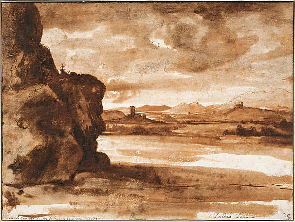 Tiber Landscape North of Rome with Dark Cloudy Sky, Between 1630 and 1640. Artist: Lorrain, Claude (1600-1682)
