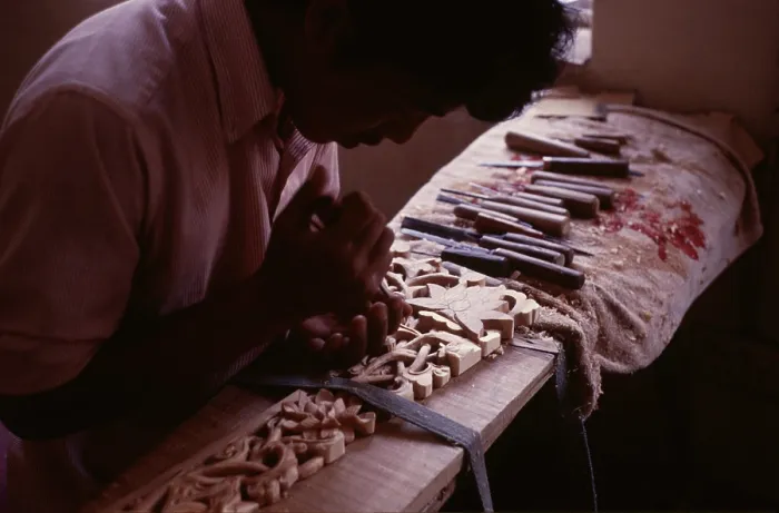 Framed Print : Tibetan refugee wood carving project, Dharamsala, India, 1988. Creator: Amanda Waite Framed Print : Tibetan refugee wood carving project, Dharamsala, India, 1988. Creator: Amanda Waite