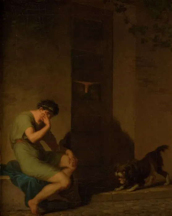 Framed Print : Tibullus Lamenting outside the Door of his Beloved, 1808. Creator: Nicolai Abraham Abildgaard Framed Print : Tibullus Lamenting outside the Door of his Beloved, 1808. Creator: Nicolai Abraham Abildgaard