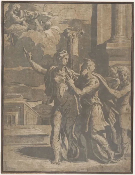 Framed Print : The Tiburtine Sibyl showing Emperor Augustus the Virgin and Christ Child, ca. 1530-40. ca. 1530-40. Creator: Anon Framed Print : The Tiburtine Sibyl showing Emperor Augustus the Virgin and Christ Child, ca. 1530-40. ca. 1530-40. Creator: Anon