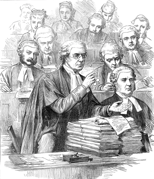 Framed Print : The Tichborne Trial: Mr. Hawkins addressing the jury, 1874. Creator: Unknown Framed Print : The Tichborne Trial: Mr. Hawkins addressing the jury, 1874. Creator: Unknown