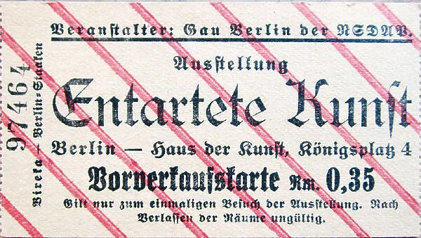 Ticket to the exhibition Degenerate Art in Berlin, 1937-1938
